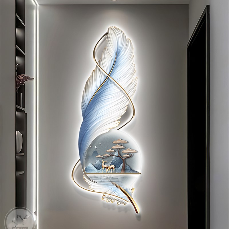 现代轻奢玄关装饰画麋鹿羽毛墙壁灯画简约大气竖版画入户进门挂画图片