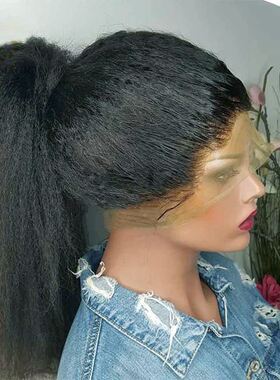 极速Kinky Straight Wig 180% Density Black Yaki Lace Front Wi