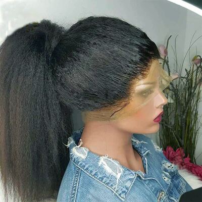 极速Kinky Straight Wig 180% Density Black Yaki Lace Front Wi