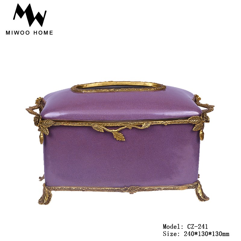 欧式古典客厅餐厅抽纸盒纯铜手绘陶瓷纯色纸巾盒别墅茶几卧室摆件