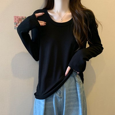 U领长袖T恤女2024春季新款纯色基础款宽松大码内搭上衣正肩打底衫