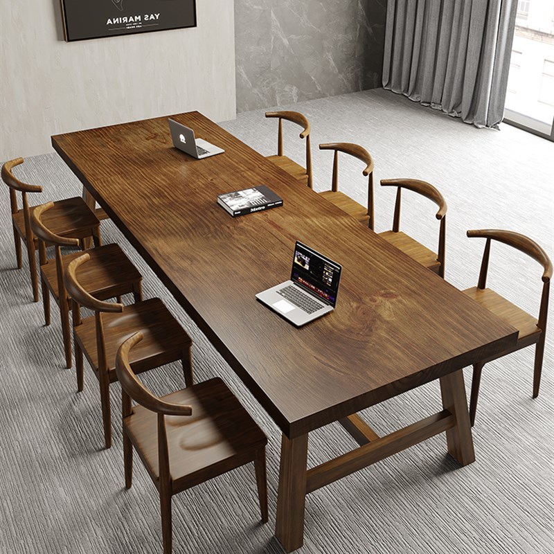 全实木会议桌长桌简约大型工作台办公桌长条形大桌子原木桌椅组合