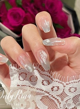 RINA莉奈/雪霜冰蓝 定制手工美甲灰蓝渐层穿戴甲