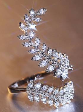 -Ladies Diamond Rings Electroplating White Gold Leaf Open Ri