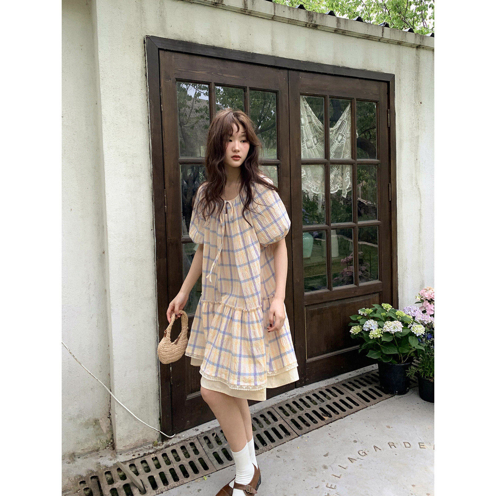 复古泡泡袖圆领格纹连衣裙女夏季新款小个子宽松a字裙