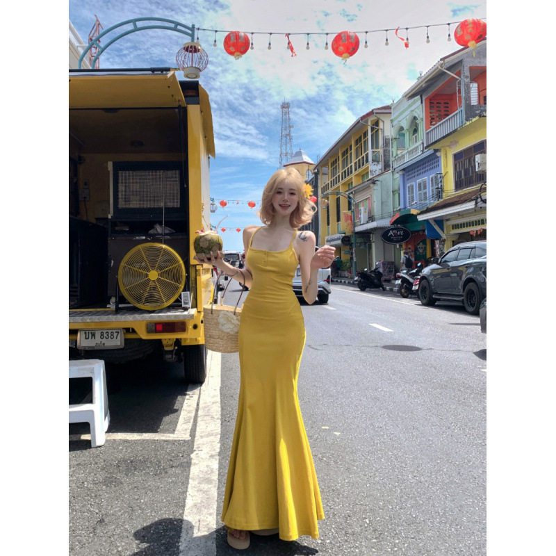 昕可达 小个子夏季女气质设计感吊带长款连衣裙黄色裙子吊带裙