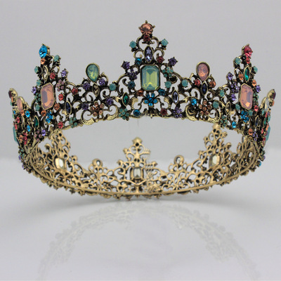 欧美合金大皇冠复古金色镶七彩色钻王冠王妃头冠亚马逊新娘头