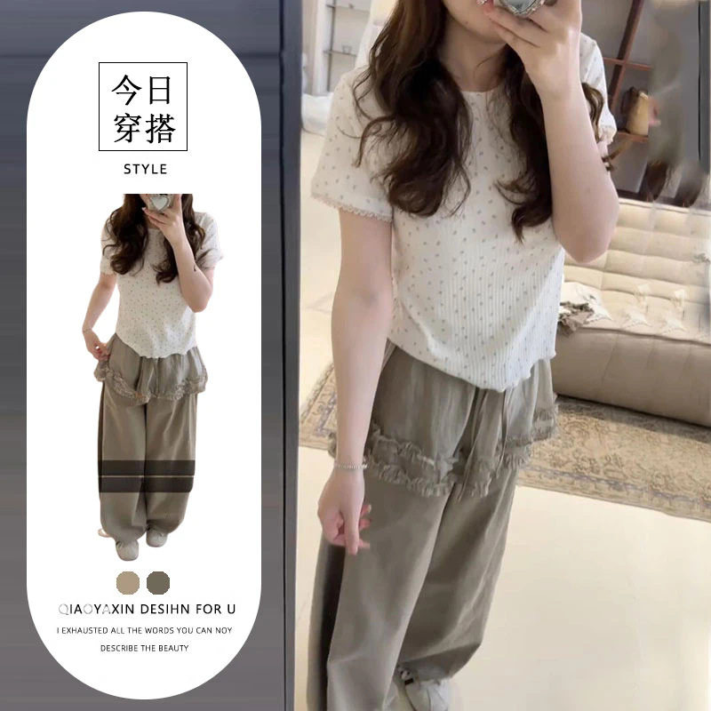 2026夏季新款韩系小众碎花短袖圆领T恤设计感屁帘休闲裤两件套女