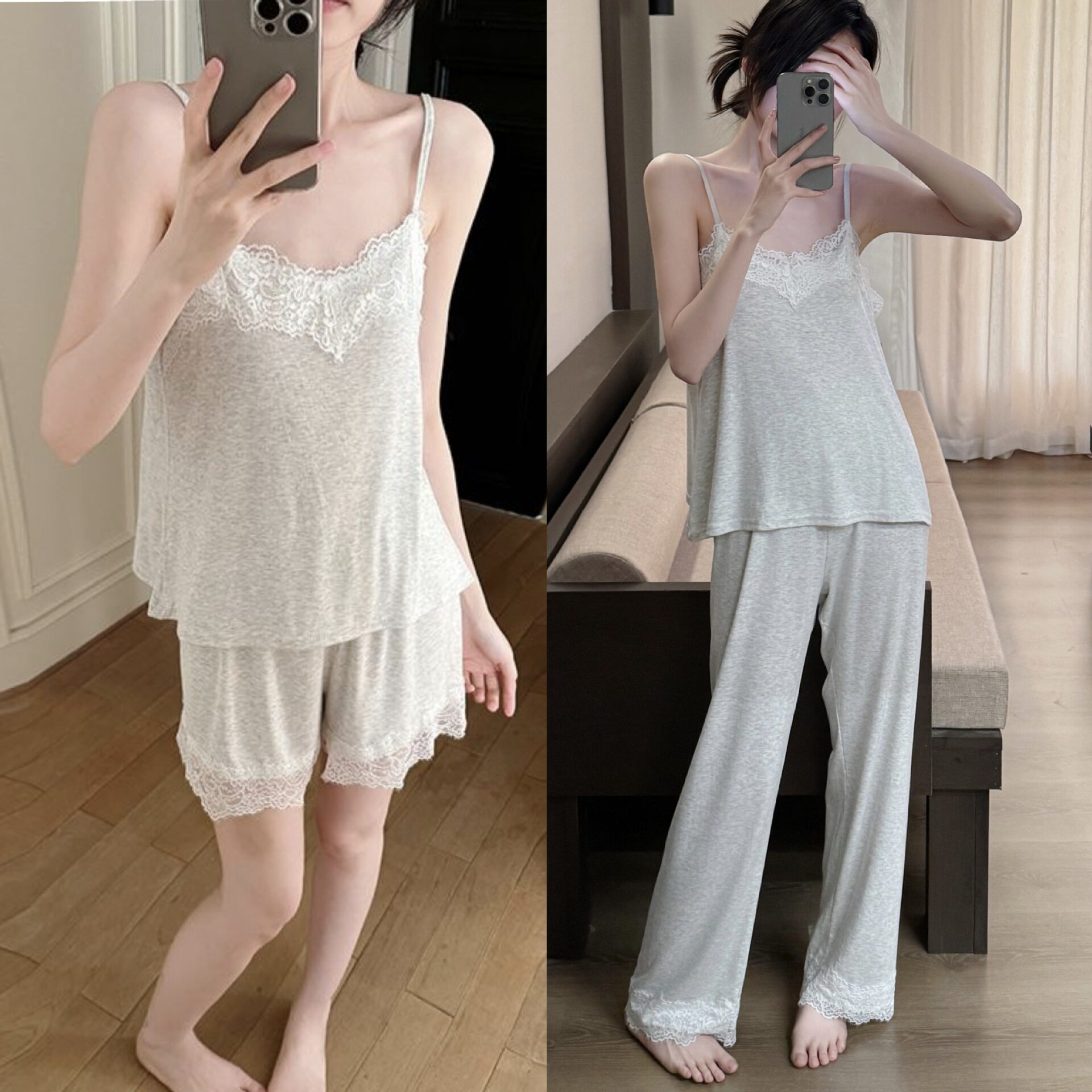 夏季吊带睡衣黑色莫代尔蕾丝套装女露背性感高级感家居服长裤薄款