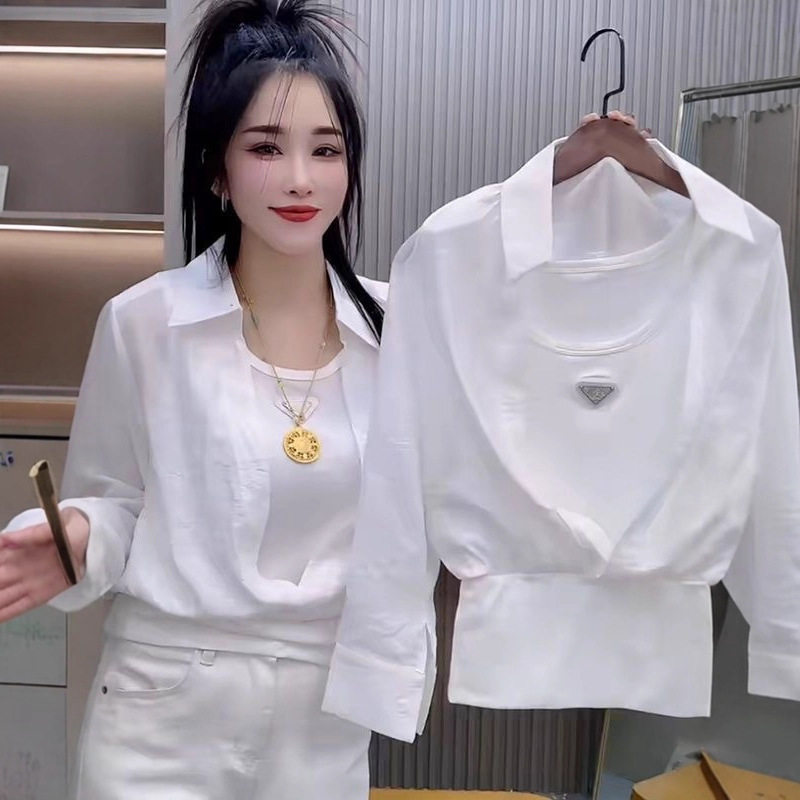 网红2025夏季新款假两件设计长袖衬衫女气质防晒宽松长袖遮肉上衣