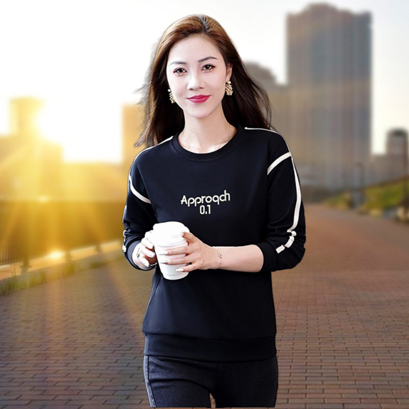 圆领长袖印花卫衣女款2024新款春秋季休闲显瘦百搭遮肉打底衫上衣