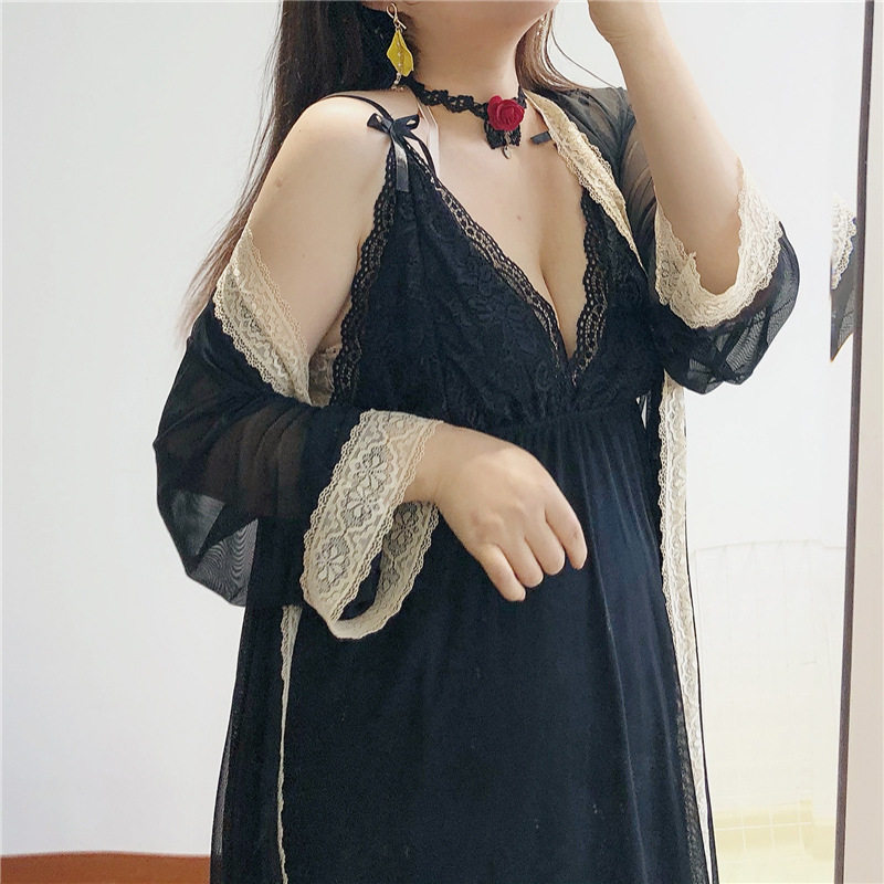 夏胖mm大码睡衣女200斤性感蕾丝V领吊带带胸垫两件套冰丝睡裙薄款