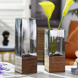 简约欧式轻奢原色木托玻璃花瓶水养绿植鲜花玫瑰百合干花餐桌摆件