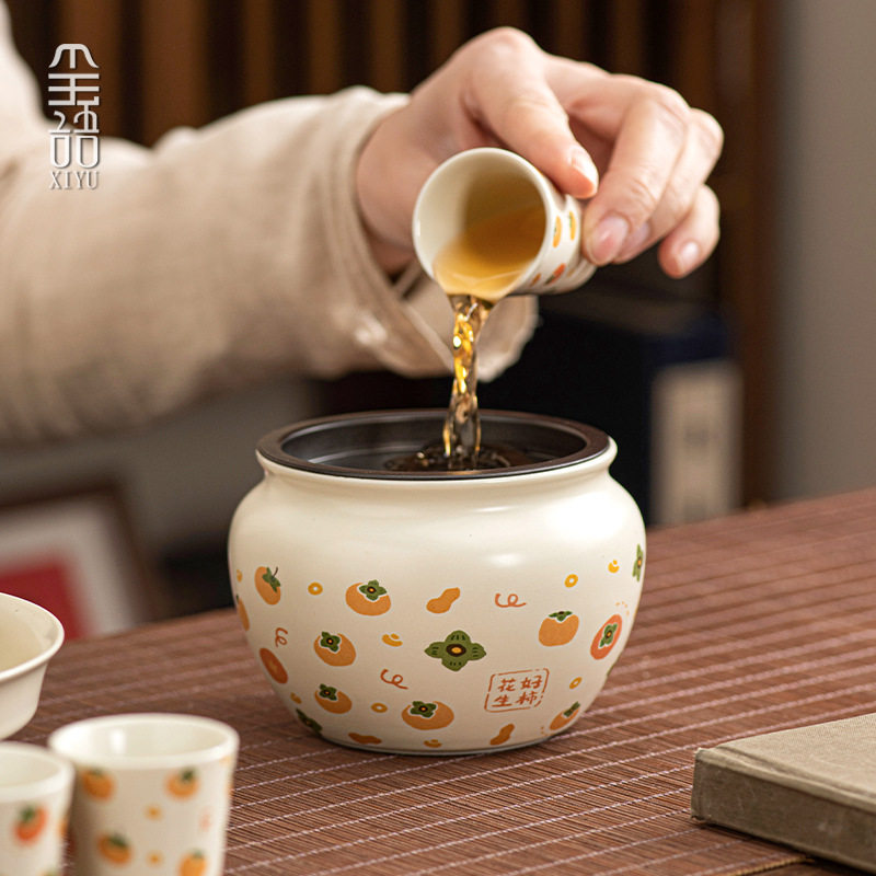 好柿花生茶道配件工具家用高档陶瓷茶杯洗茶渣缸带盖储茶废水桶
