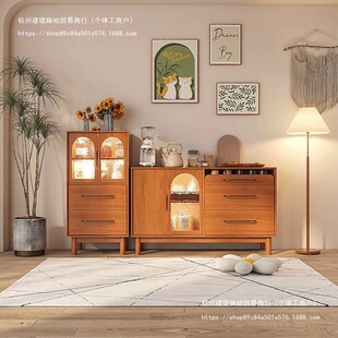 2026北欧实木餐边柜简约现代玄关柜茶水柜收纳储物玻璃组合高低柜