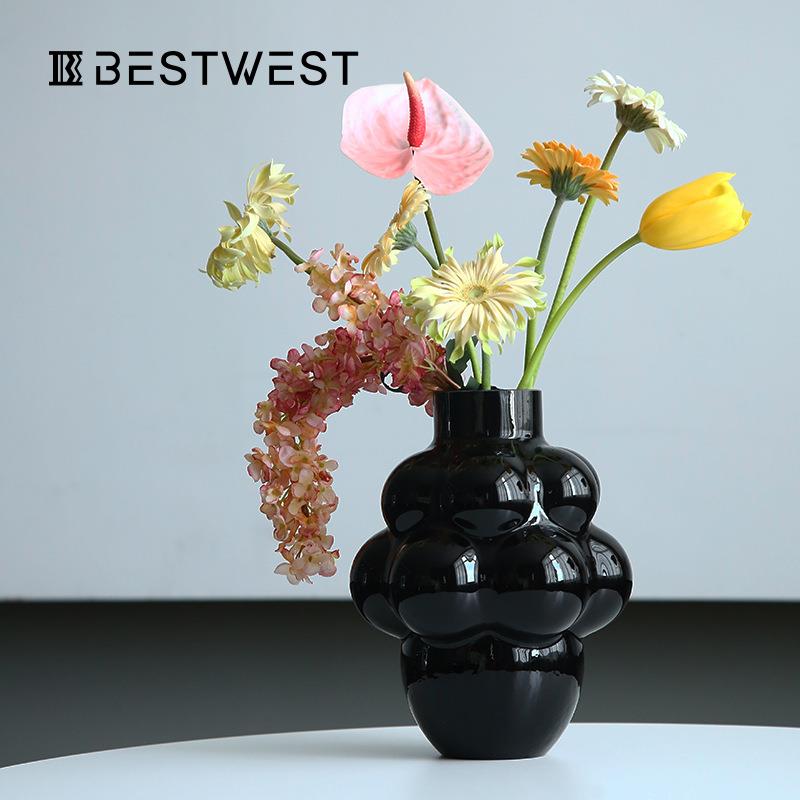 Bestwest黑色葡萄造型水培玻璃花瓶家居高级客厅餐桌装饰花器