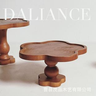 花朵摆件置物托盘 轻奢复古花边木托盘高脚木质蜡烛香薰托盘法式