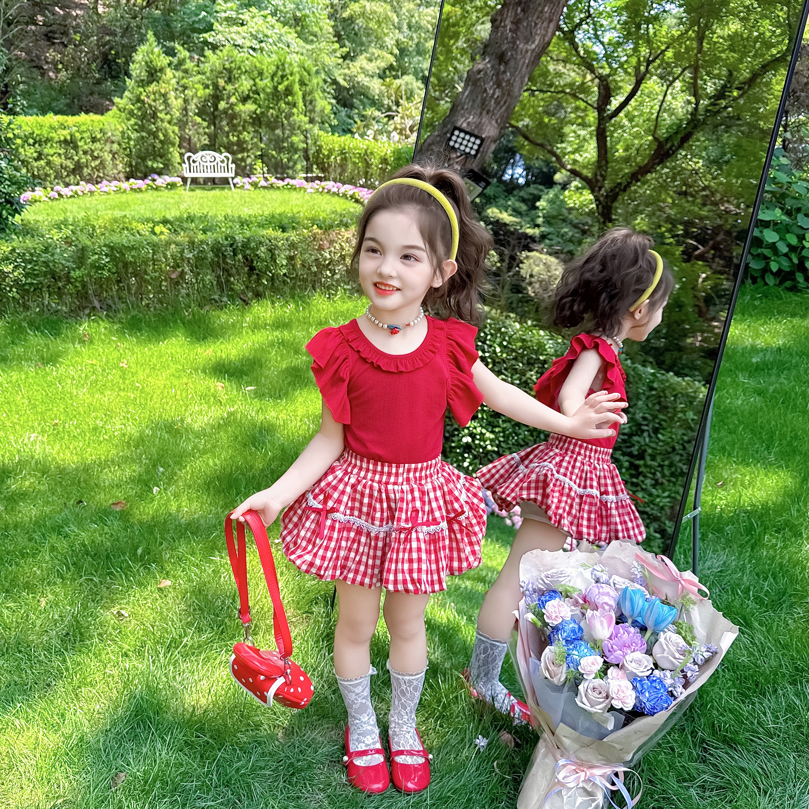 女童夏季多巴胺红格子裙两件套图片