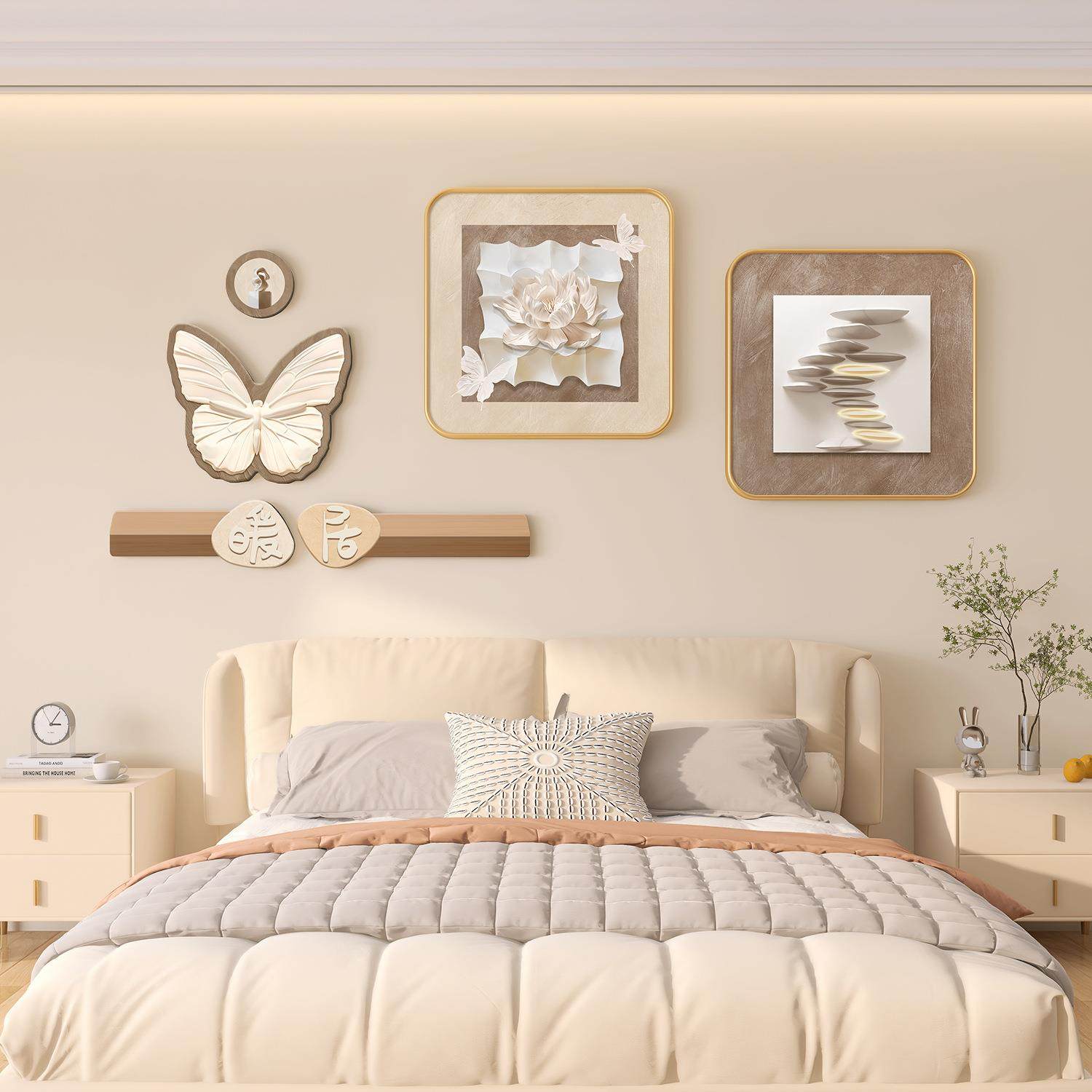 奶油风卧室床头装饰画房间背景墙挂画抽象木风高级感蝴蝶简约壁画
