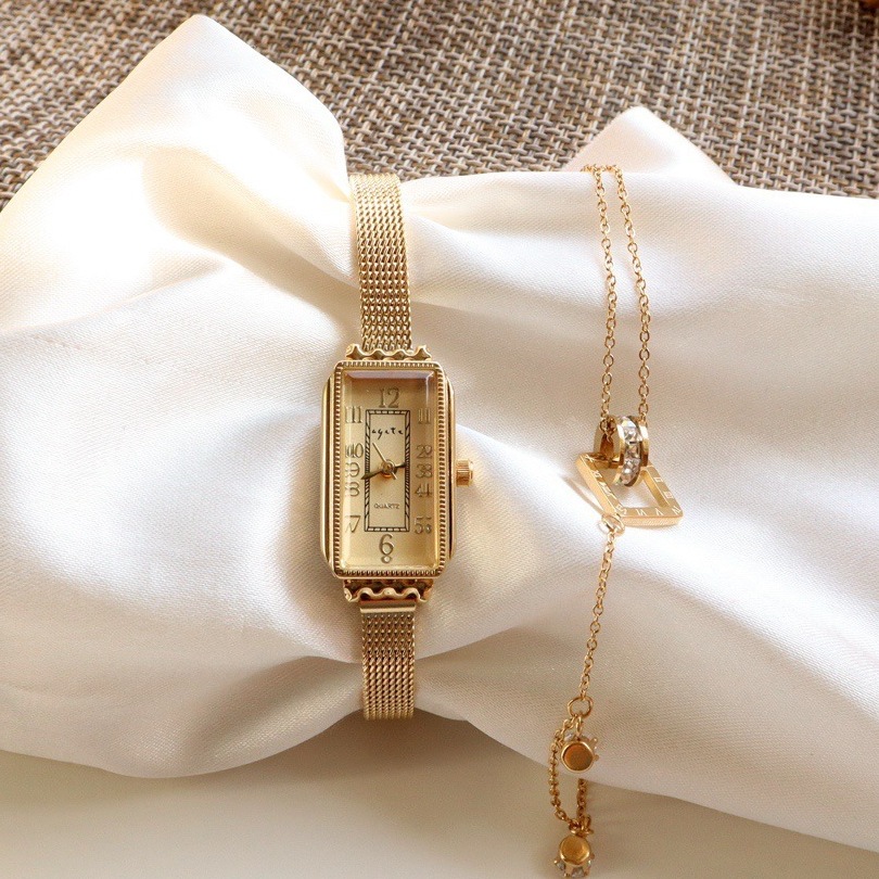 agete复古长方形表盘手表轻奢防水气质简约精致雕花小金表手表女