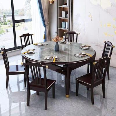 新中式实木岩板餐桌椅组合现代简约折叠伸缩家用方圆两用客厅餐桌