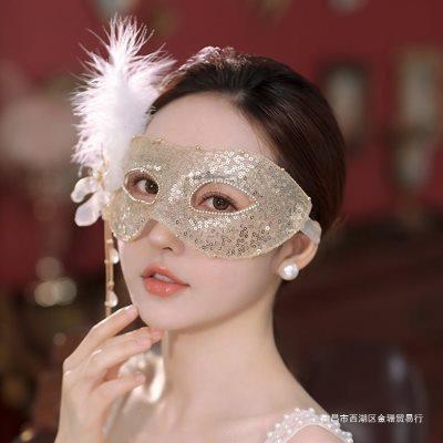 金色面纱面具半脸女古风羽毛舞台表演出拍照面罩化妆舞会派对道具