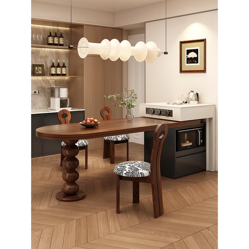 法国中世纪风格黑胡桃木纹伸缩岛式餐桌多功能小公寓客厅餐厅综合