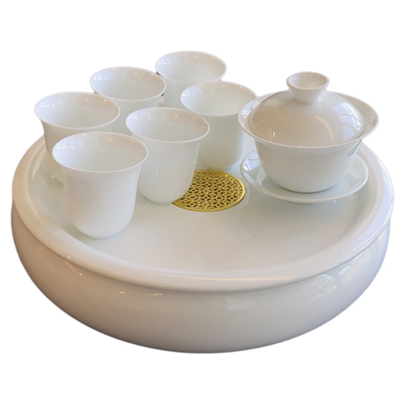 中式茶具套装喝茶泡茶组合冲茶盖碗陶瓷羊脂玉储水圆形茶盘茶船