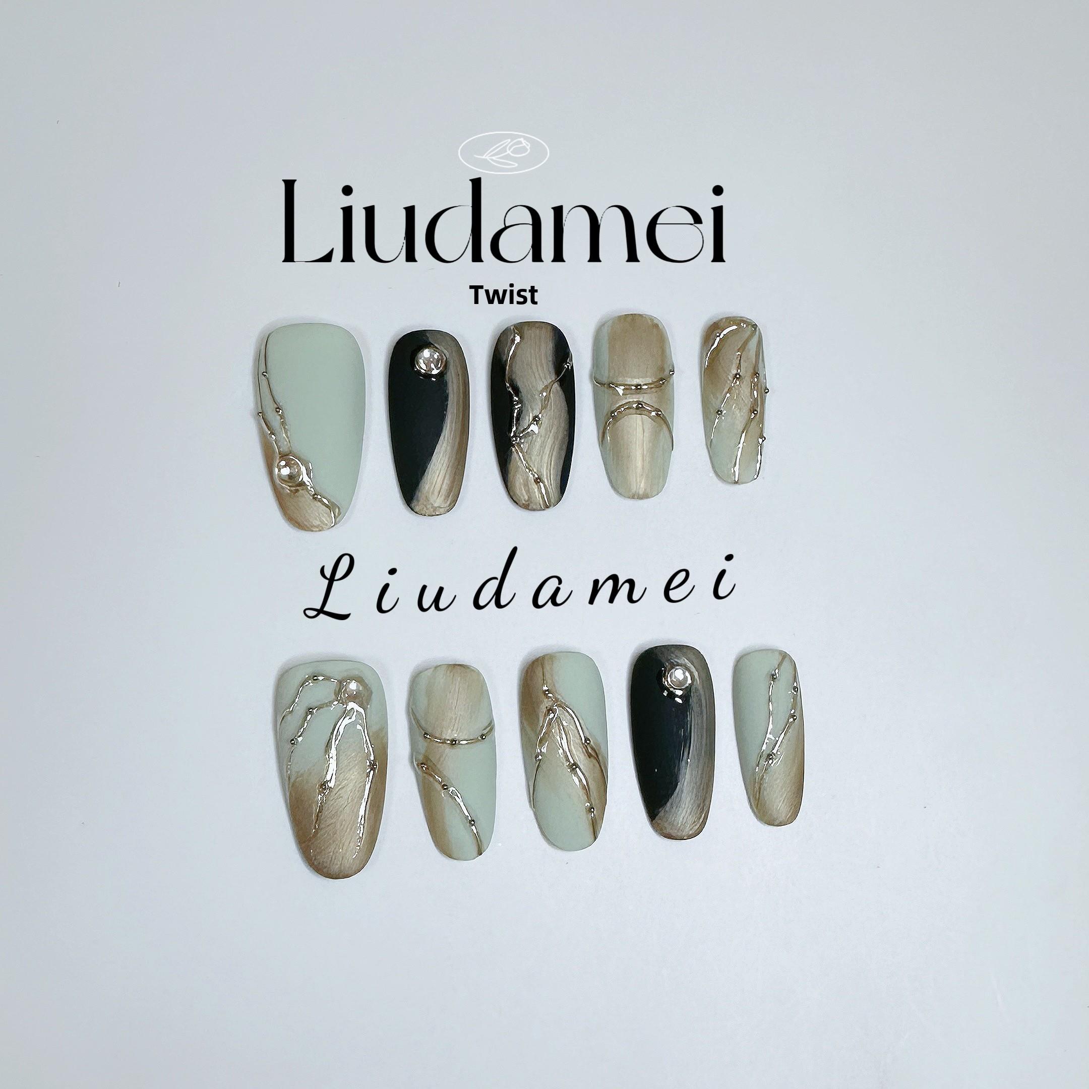 刘大美 【曲折】手工覆古魔镜粉显白ins风纯手工甲片美甲穿戴美甲