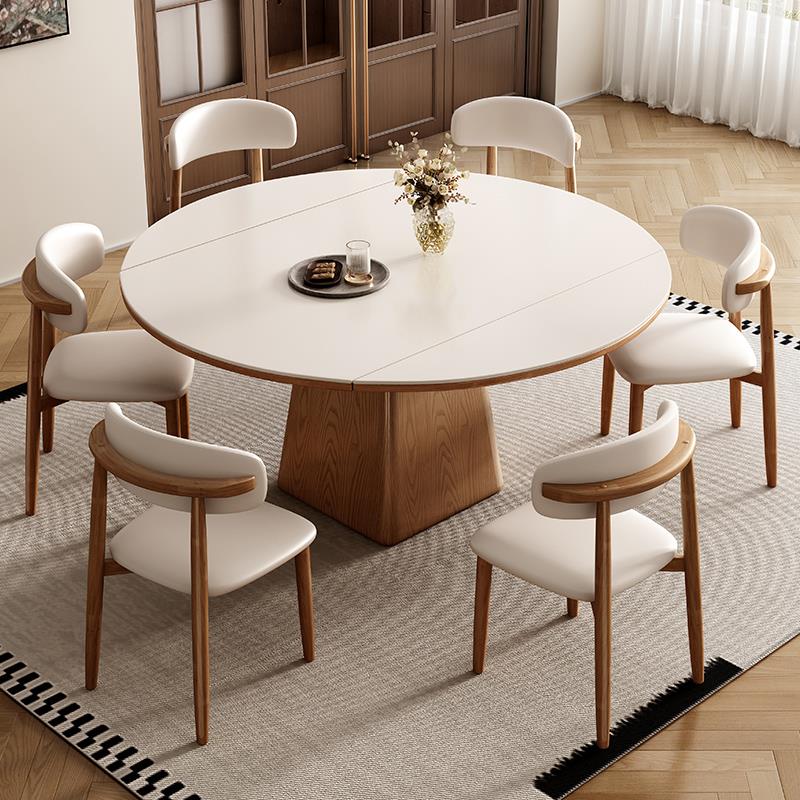 中古风岩板餐桌家用小户型现代简约复古风可伸缩折叠实木圆形饭桌