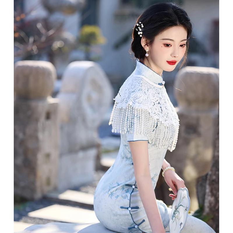 复古蕾丝旗袍云肩新中式珍珠流苏吊坠披肩中国风汉服外搭重工配饰