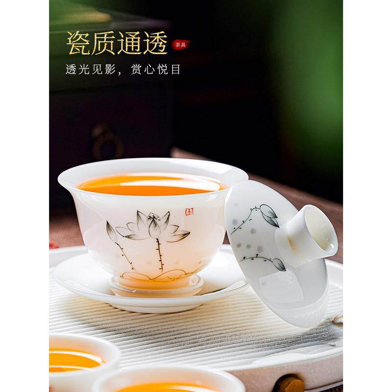 景德镇茶具手绘大号三才盖碗羊脂玉德化白瓷单个泡茶碗陶瓷功夫茶