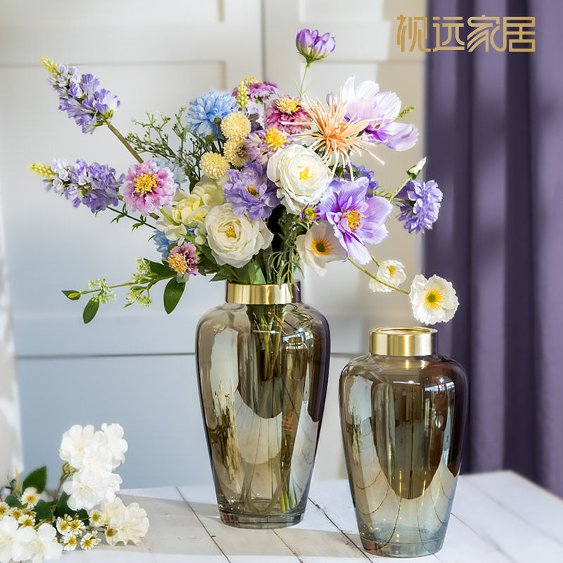 轻奢现代餐桌玻璃花瓶客厅高级感电镀水光镜面金属装饰品插花摆件