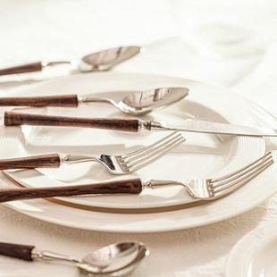 日式 稻森鸡翅木手柄牛排刀叉套装 家用304不锈钢西餐餐具勺子组合