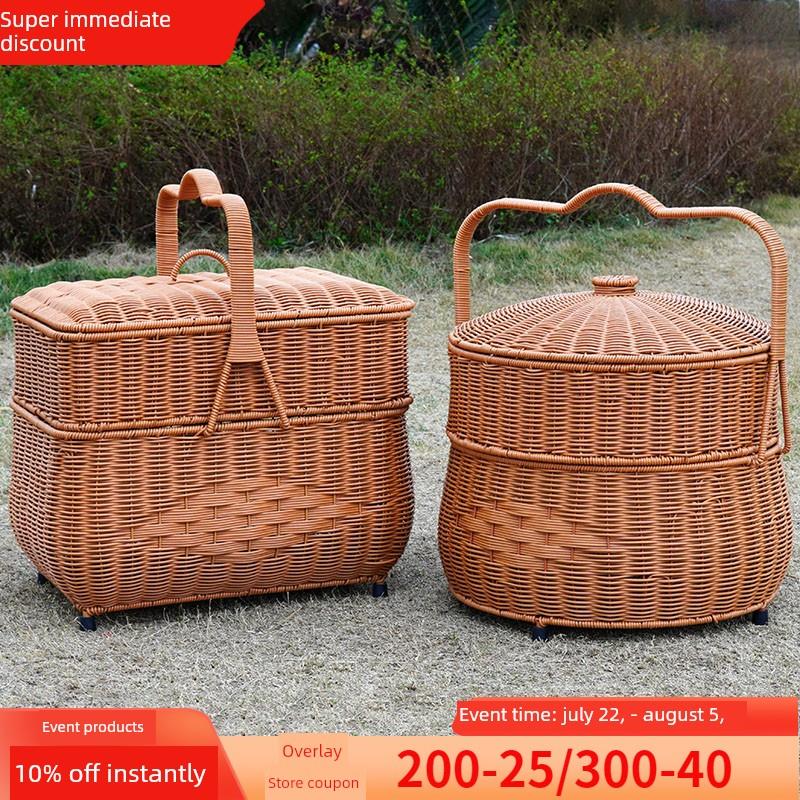 彷藤手篮，乔迁双层敬拜篮，户外带盖矩形野餐篮，喜事礼品篮，收