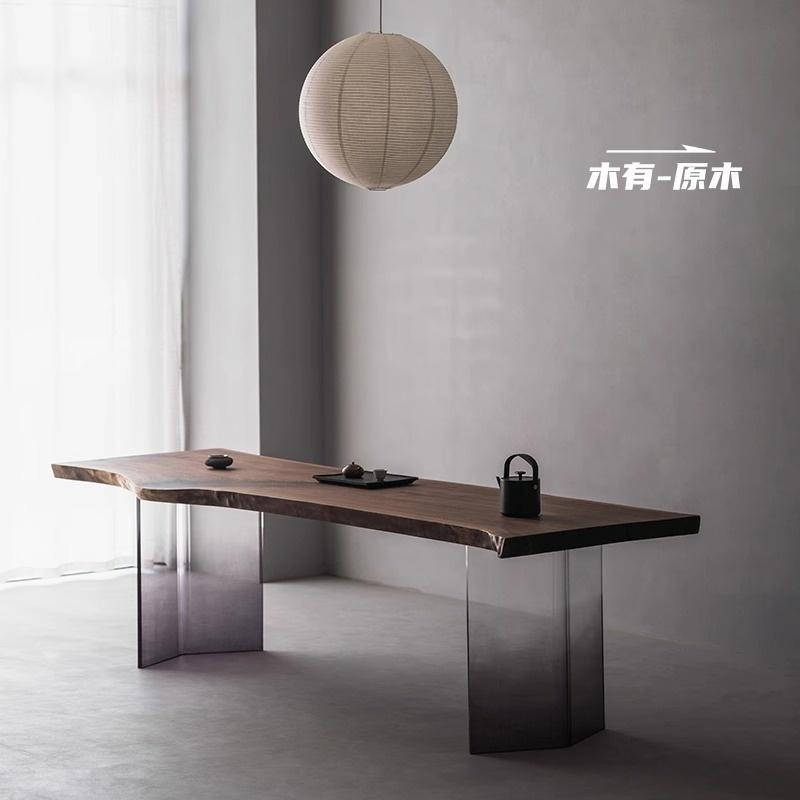 侘寂风亚克力悬浮大板桌茶台中古风实木胡桃木家用办公书桌泡茶桌