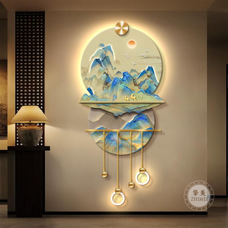 千里江山图玄关发光装饰画福鹿迎客松立体挂画吊坠带灯走廊道壁画