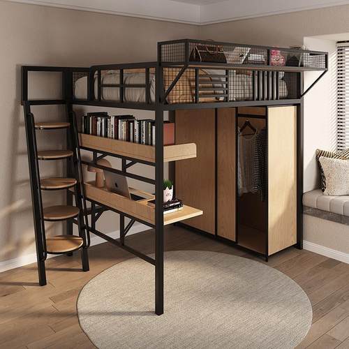 铁艺高架床上铺二层悬空床覆式上床下空单上层阁楼床小户型床下柜