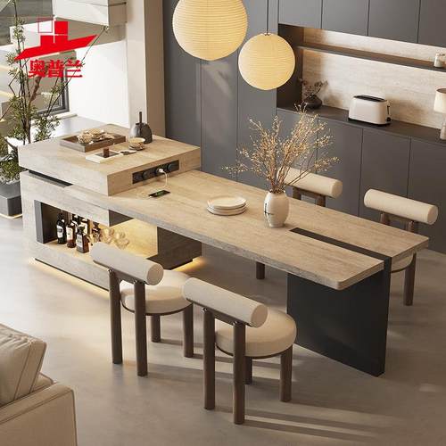 高级岛台餐桌一体家用可伸缩罗马洞石岩板倒台定制中古风厨房导台