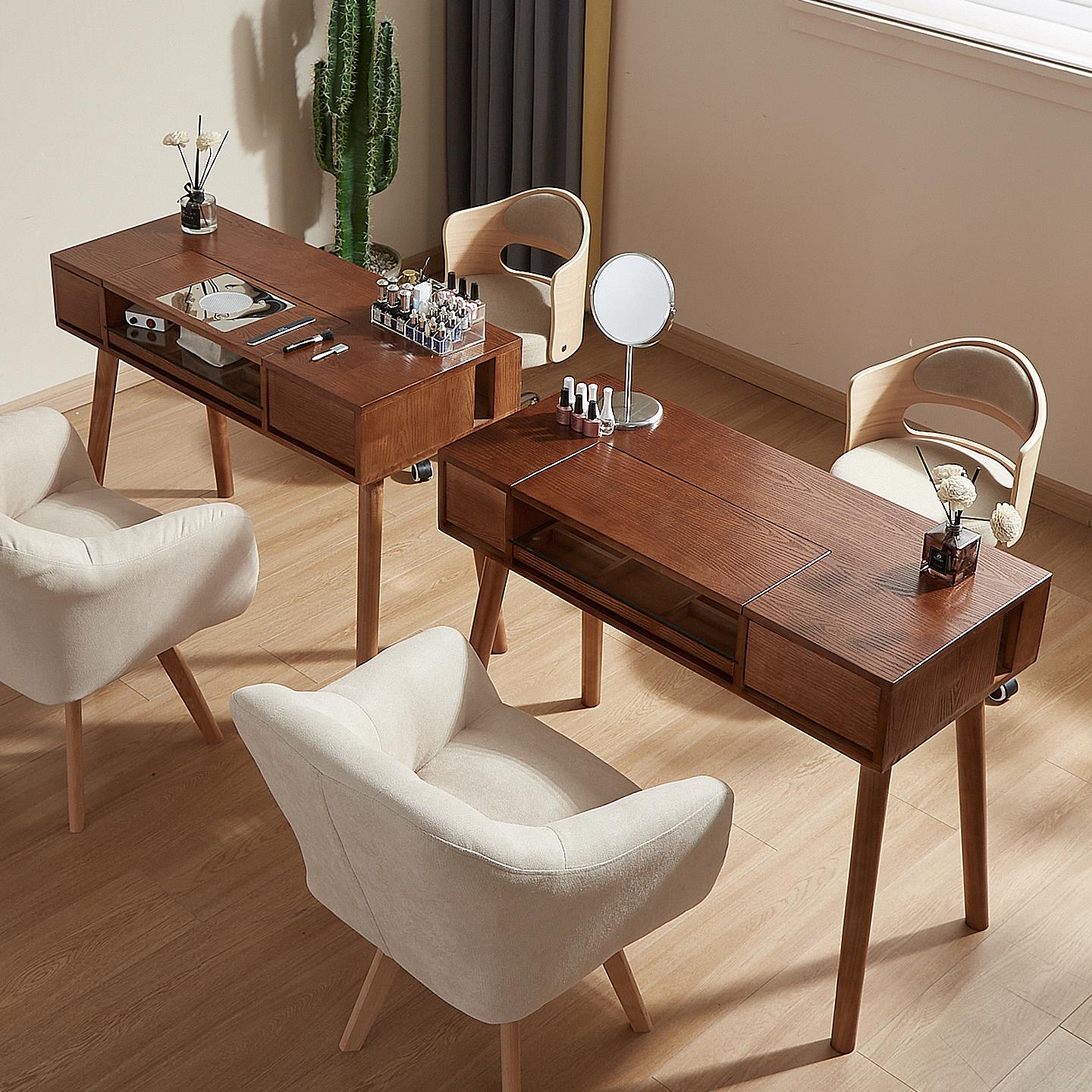 日式复古风实木多抽屉收纳带吸尘器美甲台单双人俄式美甲桌椅套装