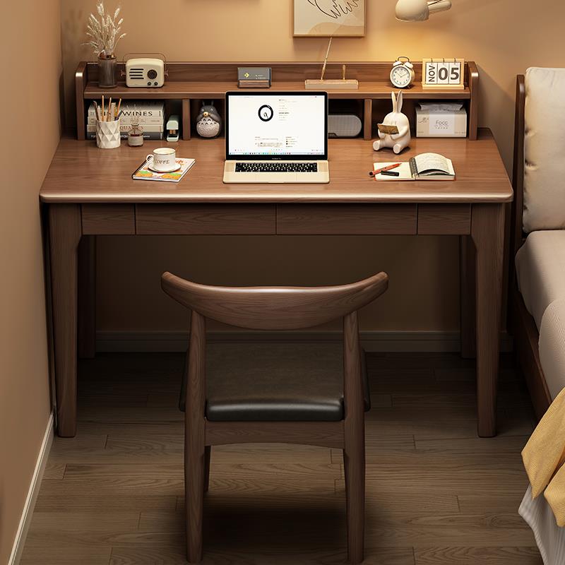 实木书桌书房电脑桌学生家用带简易书架一体办公桌卧室床边学习桌