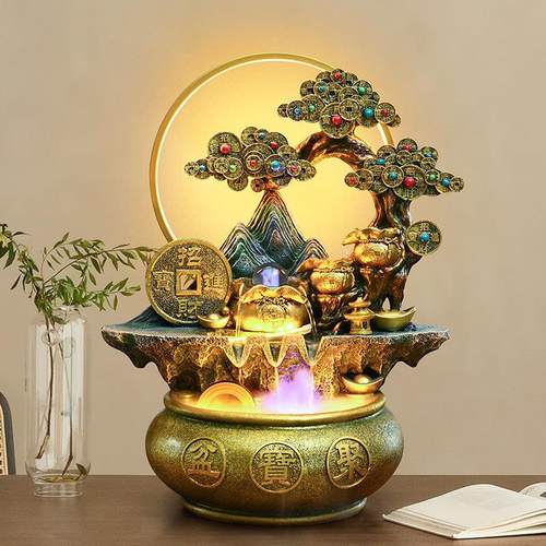 聚宝盆风水轮客厅办公室茶桌面摆件流水摆件循环水电视柜旁转运珠