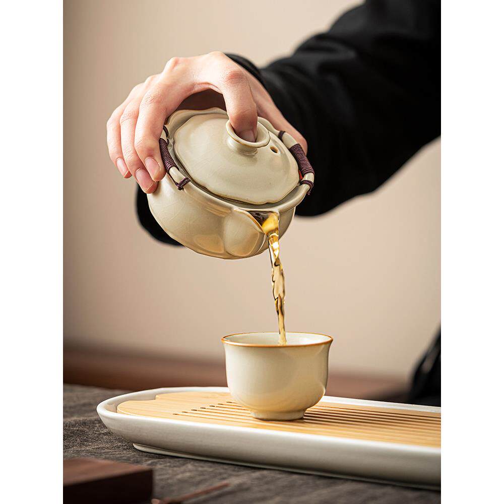 米黄汝窑茶具盖碗茶杯单个防烫手冲泡壶高档冰裂手抓壶泡茶专用碗