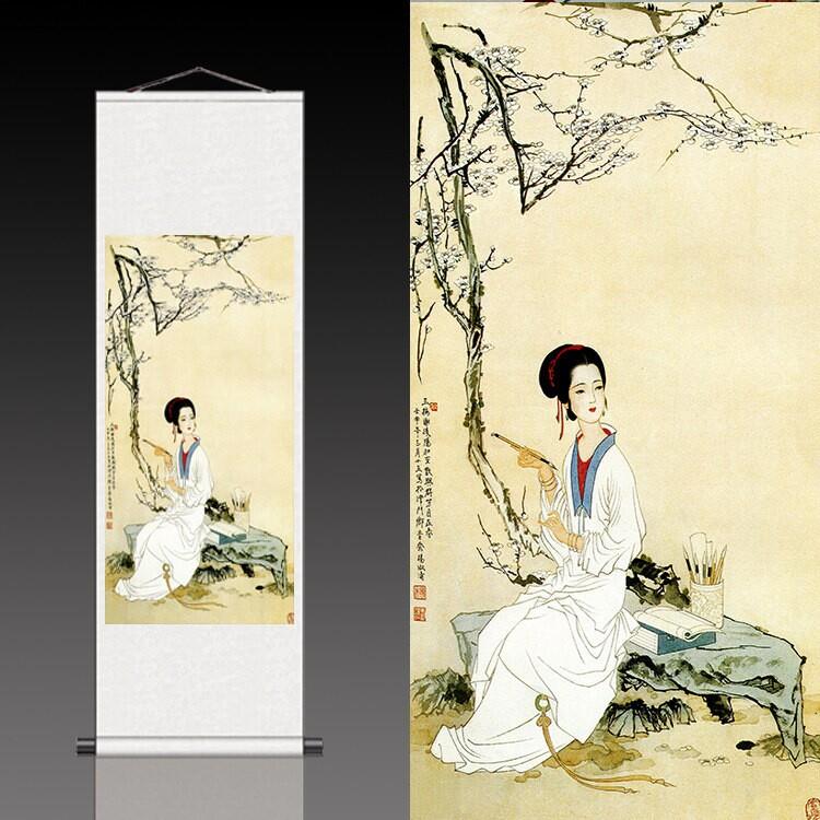 丝绸仕女挂画卷轴画玉梅群芳自在香李清照读书写字礼品挂画可定制