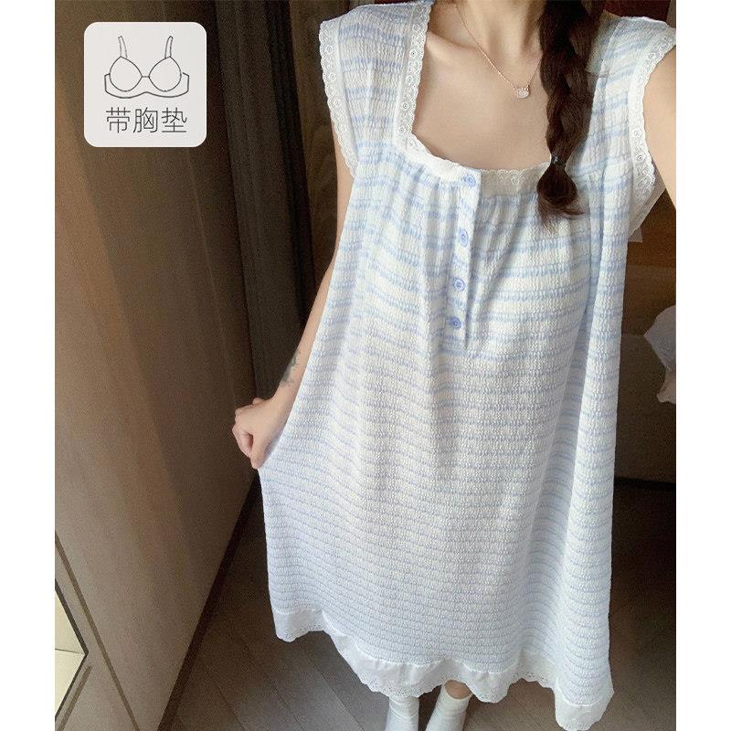 带胸垫棉绸睡裙女夏季2026新款吊带背心睡衣可外穿大尺码条纹洋装