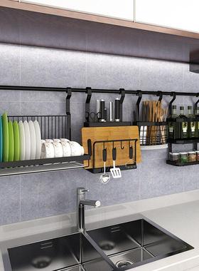 黑色不锈钢厨房置物架免打孔刀架碗架挂件调料架壁挂式收纳沥水架