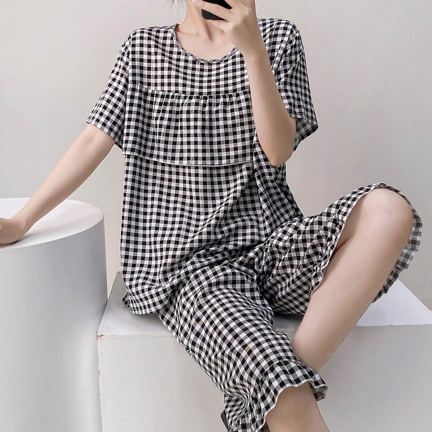 女士防凸点棉绸睡衣薄款短袖五分裤套装夏季人造绵绸空调服家居服