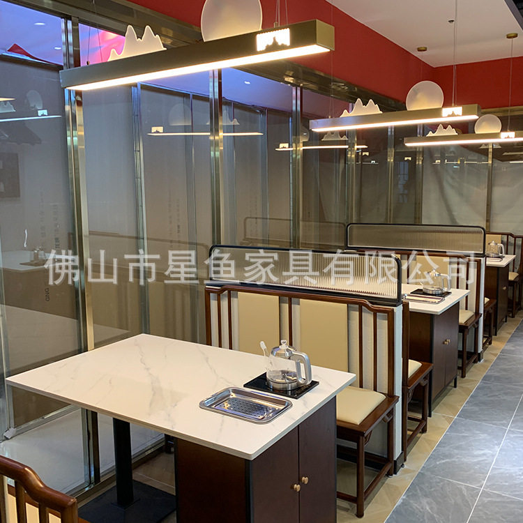 粤式茶楼广式茶点早点岩板餐桌椅实木卡座沙发优质新中式茶楼家具