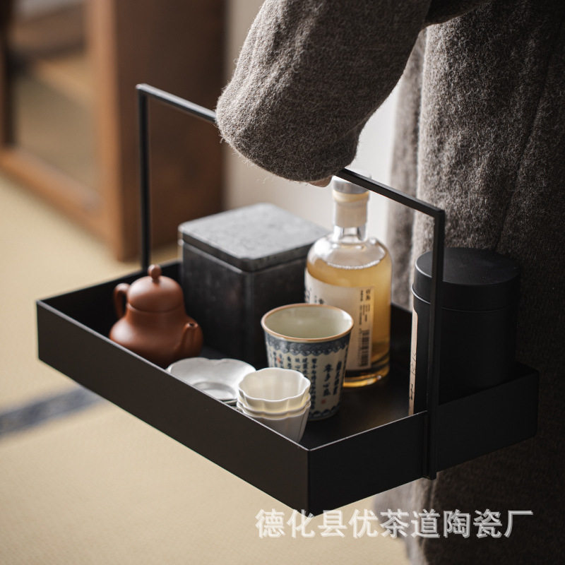 优茶道新中式铁艺提篮黑色铁茶具收纳盒茶棚茶托盘样板间装饰摆件