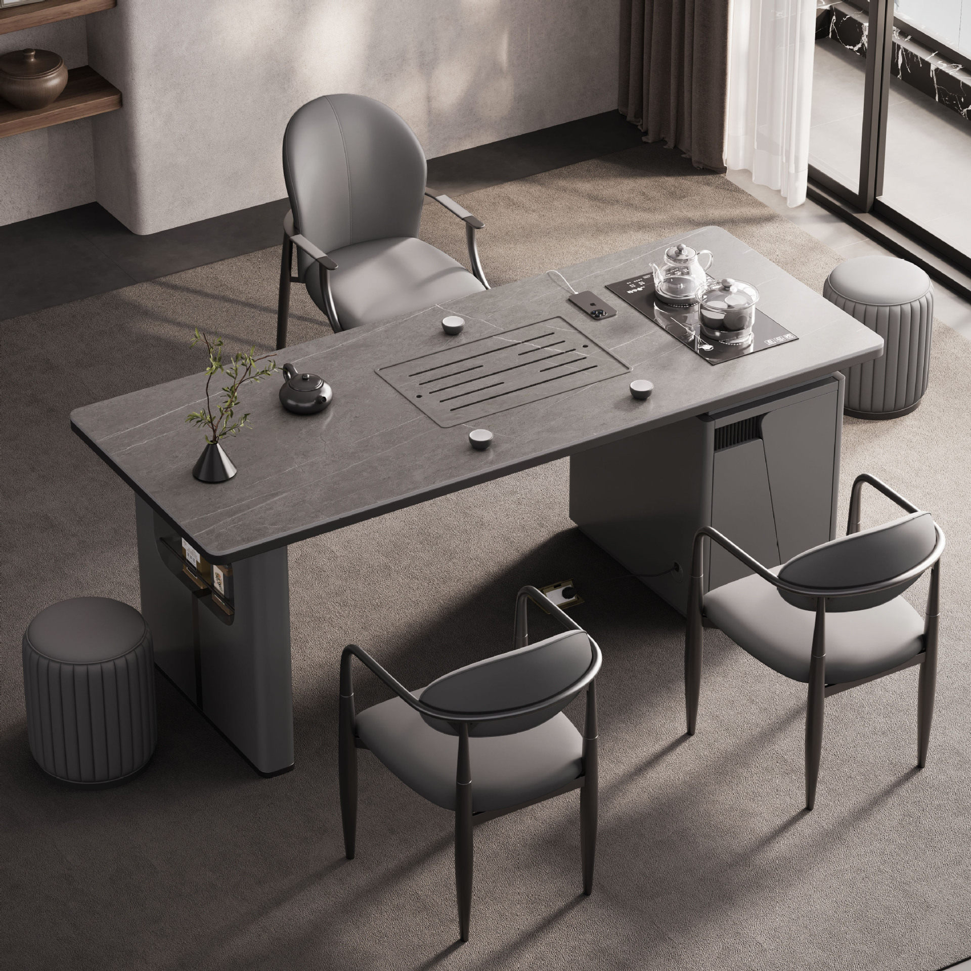 意式风岩板茶桌现代简约轻奢茶台客厅家用办公室泡茶桌椅组合一体